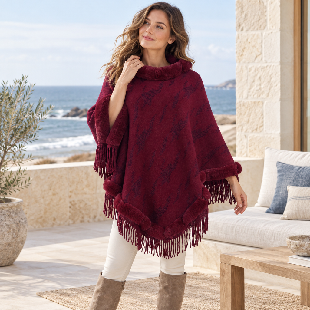 Poncho Col Fourrure Femme – Bordeaux / Adulte, visuel principal lifestyle