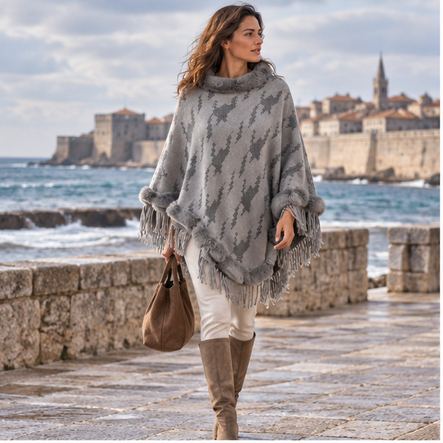 Poncho Col Fourrure Femme – Gris / Adulte, en situation sur la côte Atlantique