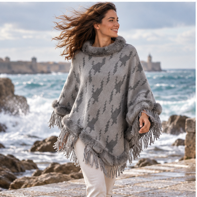 Poncho Col Fourrure Femme – Gris / Adulte, porté en mouvement au bord de l’océan