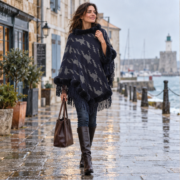 Poncho Col Fourrure Femme – Bleu Marine / Adulte, en situation sur la côte Atlantique