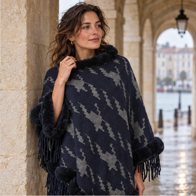 Poncho Col Fourrure Femme – Bleu Marine / Adulte, dans un intérieur côtier lumineux