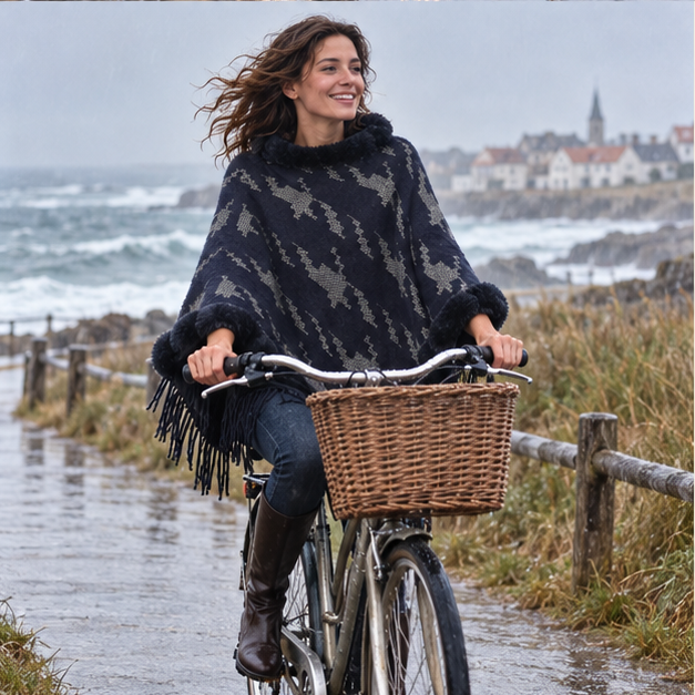 Poncho Col Fourrure Femme – Bleu Marine / Adulte, porté en mouvement au bord de l’océan