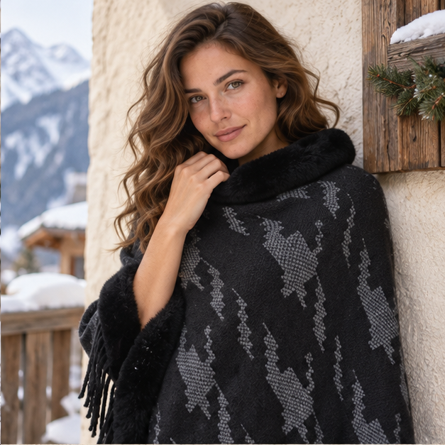 Poncho Col Fourrure Femme – Noir / Adulte, dans un intérieur côtier lumineux