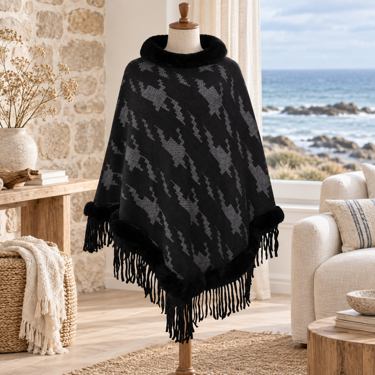 Poncho Col Fourrure Femme – Noir / Adulte, visuel principal lifestyle
