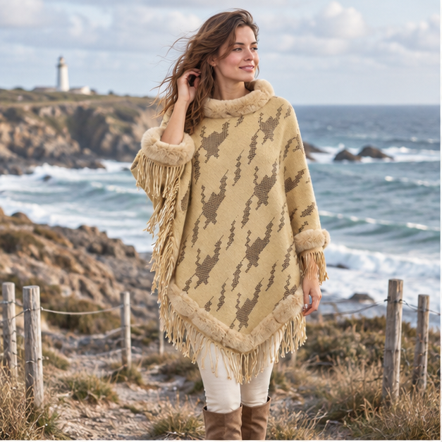 Poncho Col Fourrure Femme – Jaune / Adulte, en situation sur la côte Atlantique