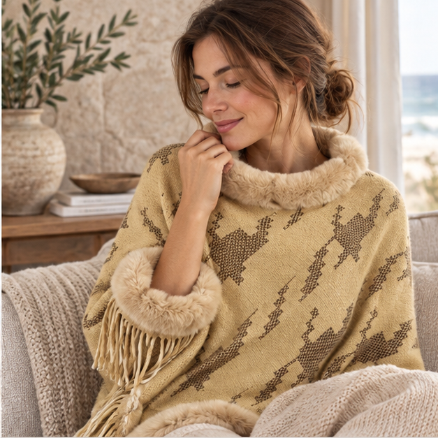 Poncho Col Fourrure Femme – Jaune / Adulte, dans un intérieur côtier lumineux