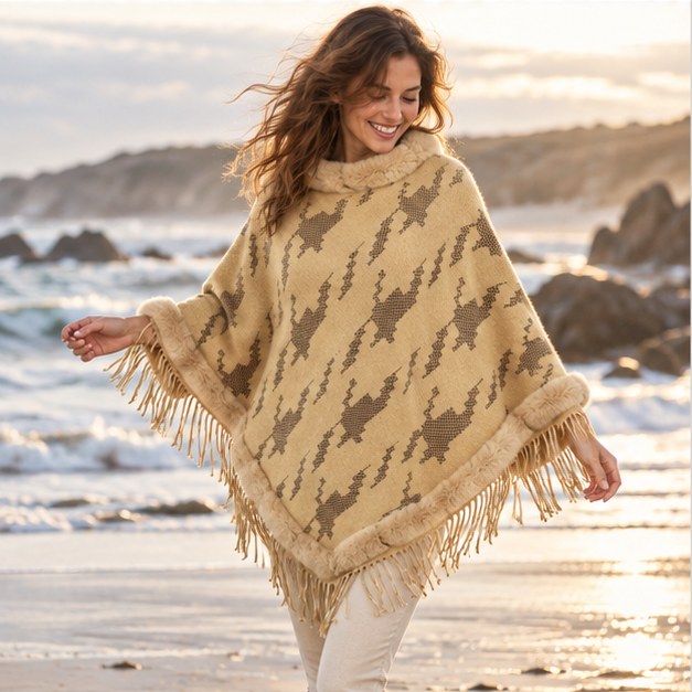 Poncho Col Fourrure Femme – Jaune / Adulte, porté en mouvement au bord de l’océan