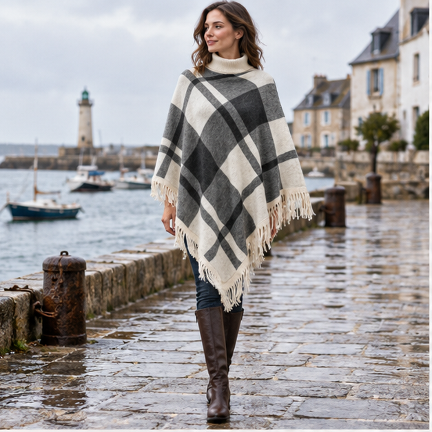 Poncho Col Roulé à Franges – Blanc / Adulte, en situation sur la côte Atlantique