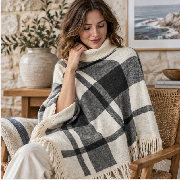 Poncho Col Roulé à Franges – Blanc / Adulte, dans un intérieur côtier lumineux