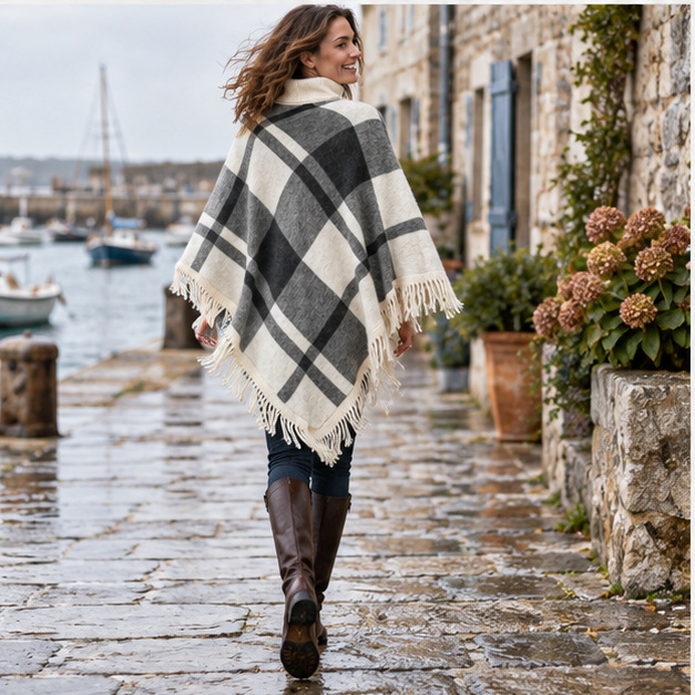 Poncho Col Roulé à Franges – Blanc / Adulte, porté en mouvement au bord de l’océan