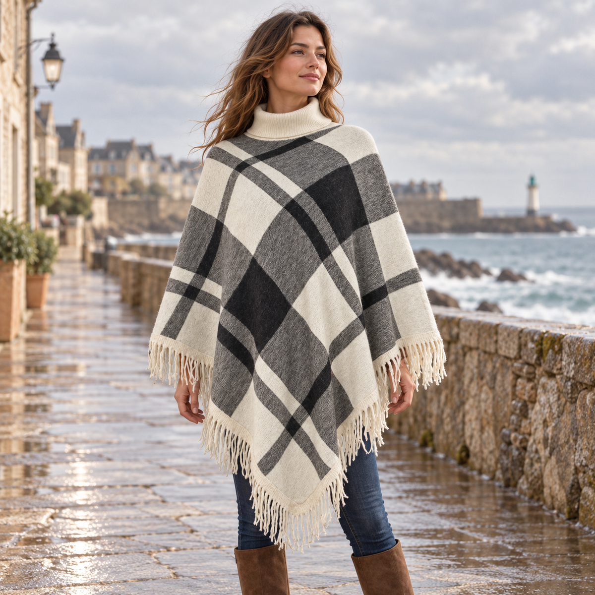 Poncho Col Roulé à Franges – Blanc / Adulte, visuel principal lifestyle
