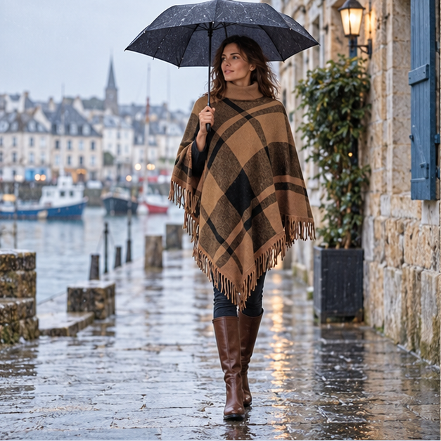 Poncho Col Roulé à Franges – Marron / Adulte, en situation sur la côte Atlantique