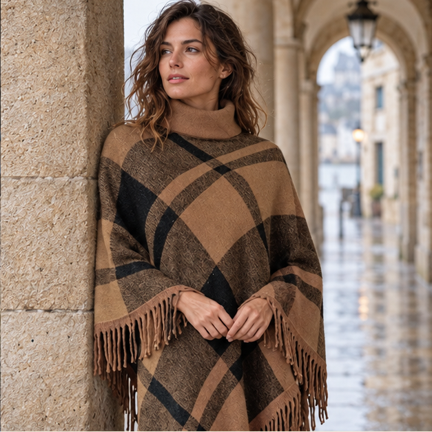 Poncho Col Roulé à Franges – Marron / Adulte, dans un intérieur côtier lumineux