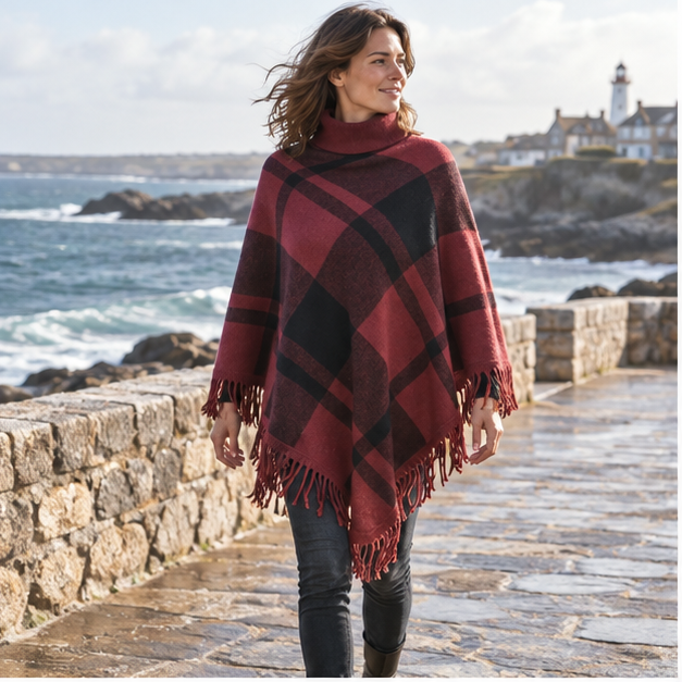Poncho Col Roulé à Franges – Bordeaux / Adulte, en situation sur la côte Atlantique