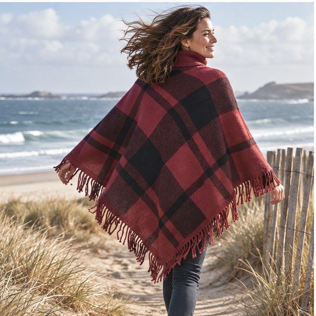 Poncho Col Roulé à Franges – Bordeaux / Adulte, porté en mouvement au bord de l’océan