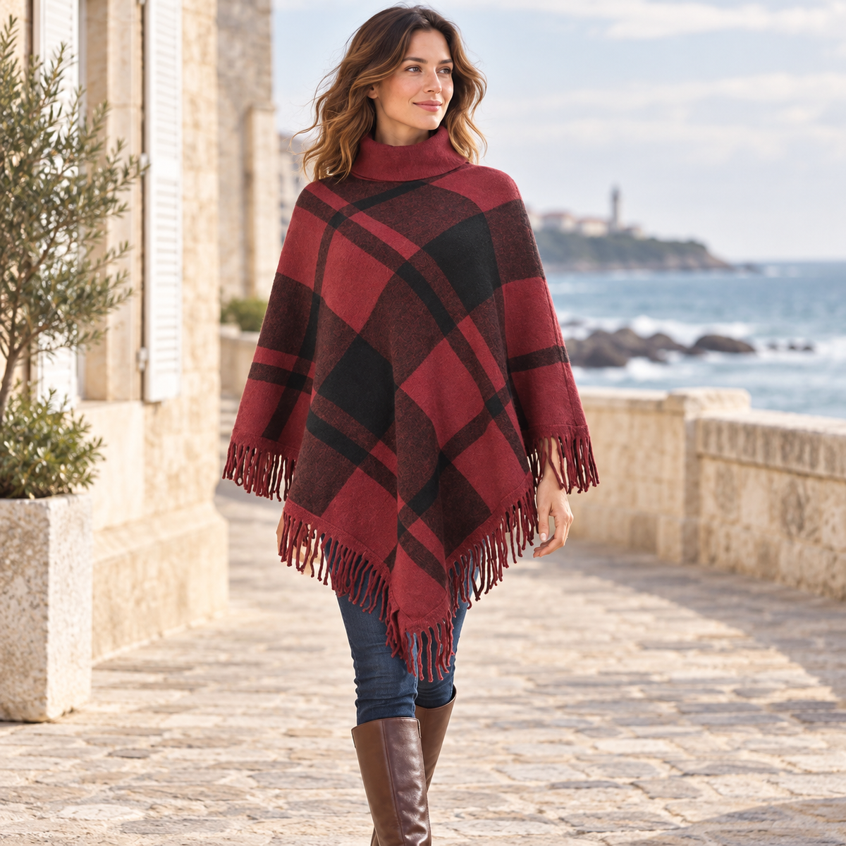 Poncho Col Roulé à Franges – Bordeaux / Adulte, visuel principal lifestyle