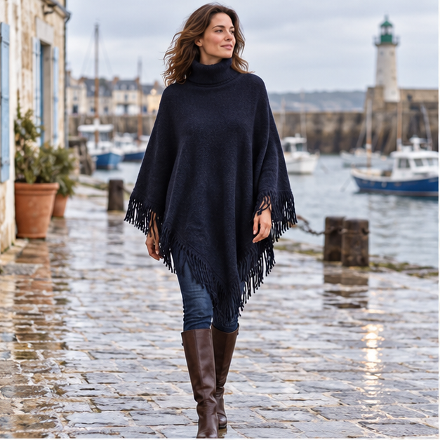 Poncho Col Roulé à Franges – Bleu Marine / Adulte, en situation sur la côte Atlantique