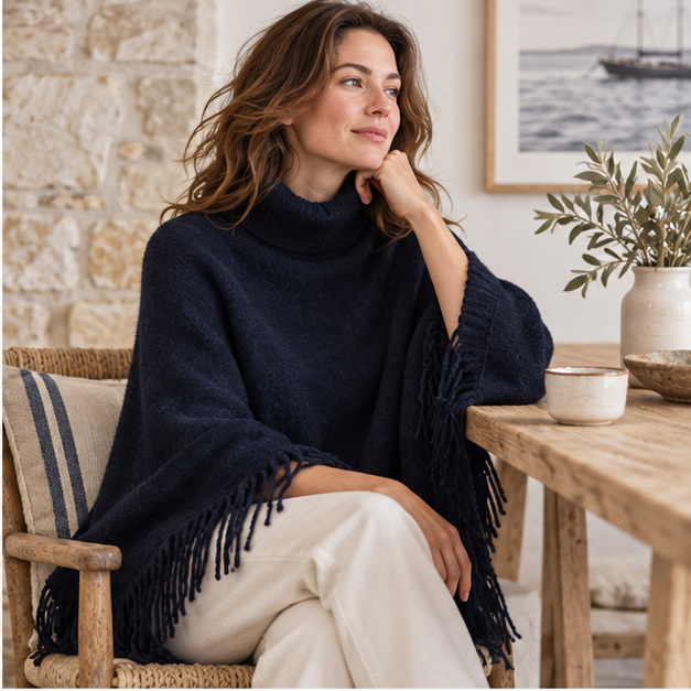 Poncho Col Roulé à Franges – Bleu Marine / Adulte, dans un intérieur côtier lumineux