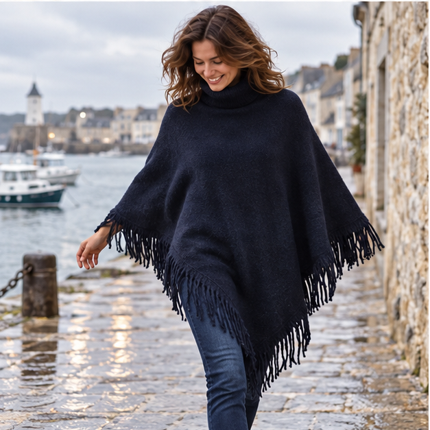 Poncho Col Roulé à Franges – Bleu Marine / Adulte, porté en mouvement au bord de l’océan