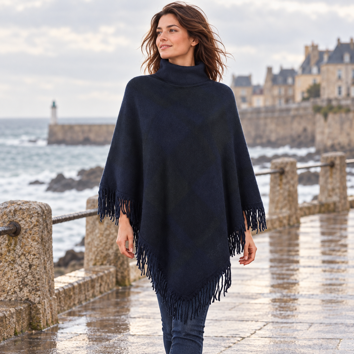 Poncho Col Roulé à Franges – Bleu Marine / Adulte, visuel principal lifestyle