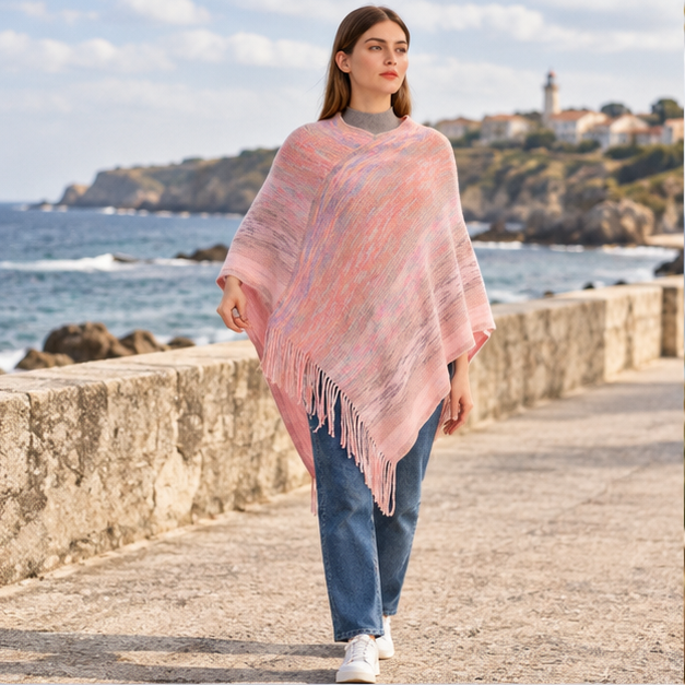 Poncho Col V – Rose / Adulte, en situation sur la côte Atlantique