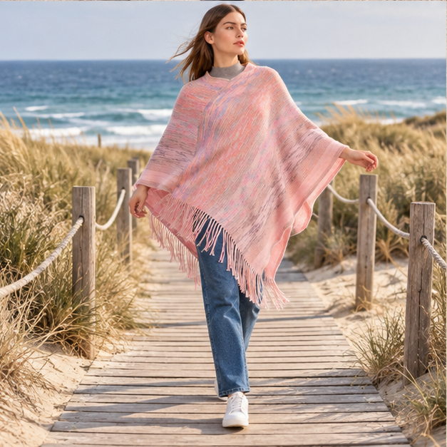 Poncho Col V – Rose / Adulte, porté en mouvement au bord de l’océan