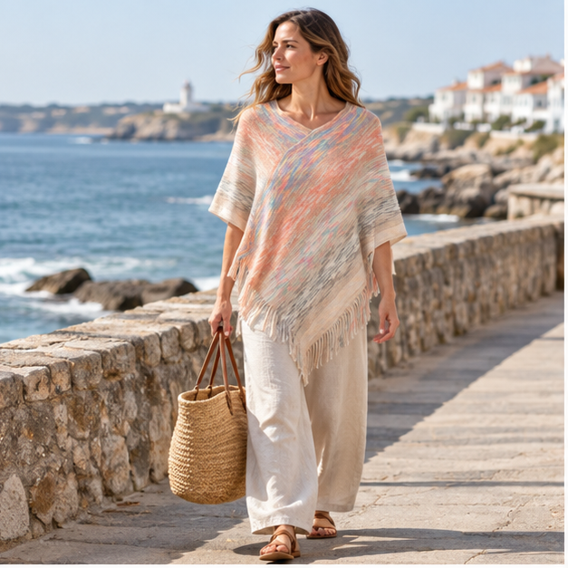 Poncho Col V – Orange / Adulte, en situation sur la côte Atlantique