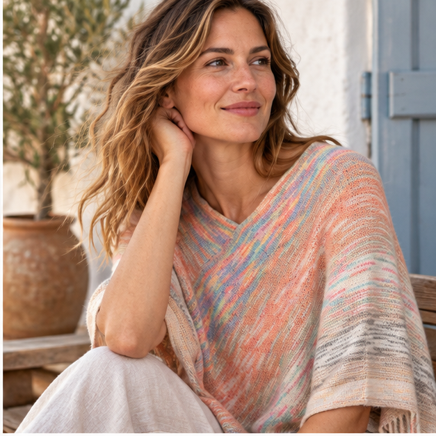 Poncho Col V – Orange / Adulte, dans un intérieur côtier lumineux