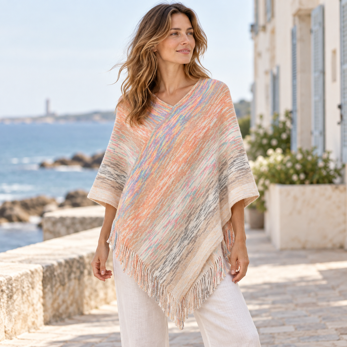 Poncho Col V – Orange / Adulte, visuel principal lifestyle