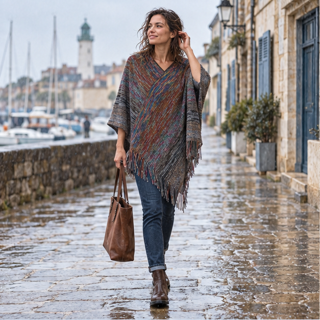 Poncho Col V – Gris Foncé / Adulte, en situation sur la côte Atlantique