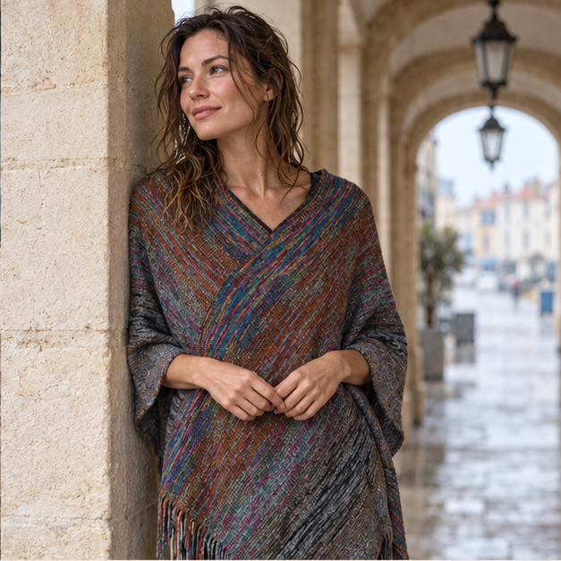 Poncho Col V – Gris Foncé / Adulte, dans un intérieur côtier lumineux