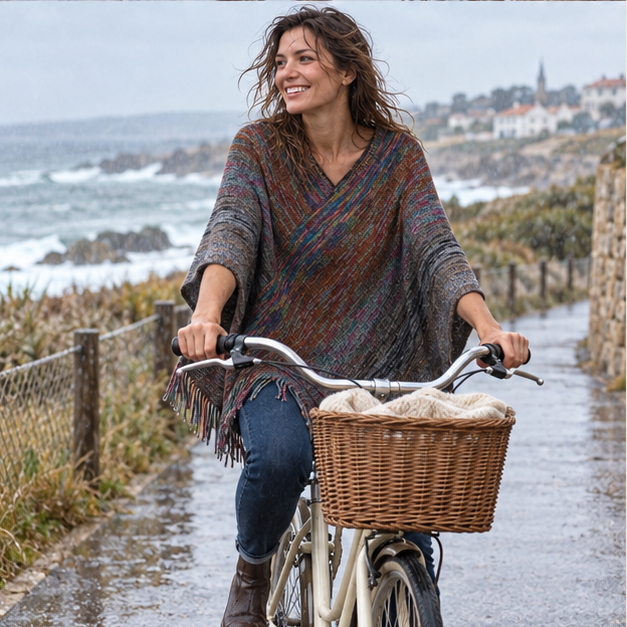 Poncho Col V – Gris Foncé / Adulte, porté en mouvement au bord de l’océan