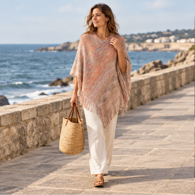 Poncho Col V – Camel / Adulte, en situation sur la côte Atlantique