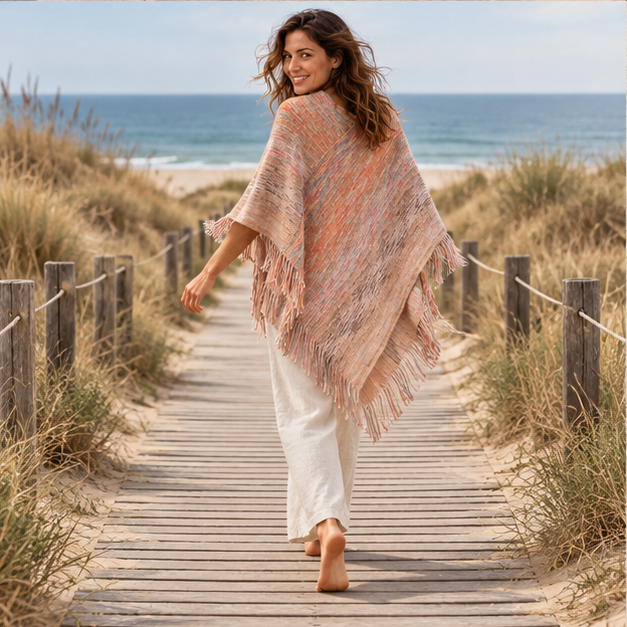 Poncho Col V – Camel / Adulte, porté en mouvement au bord de l’océan