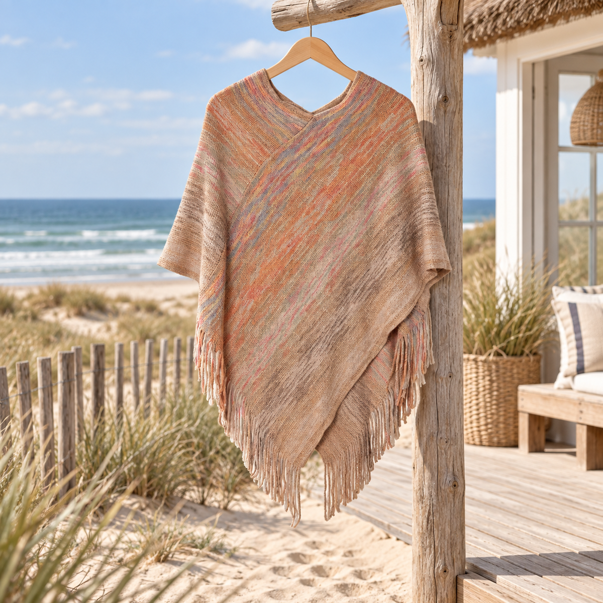 Poncho Col V – Camel / Adulte, visuel principal lifestyle