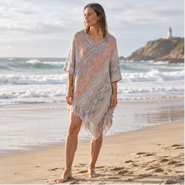Poncho Col V – Gris / Adulte, en situation sur la côte Atlantique