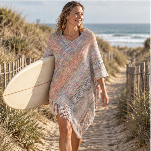 Poncho Col V – Gris / Adulte, porté en mouvement au bord de l’océan