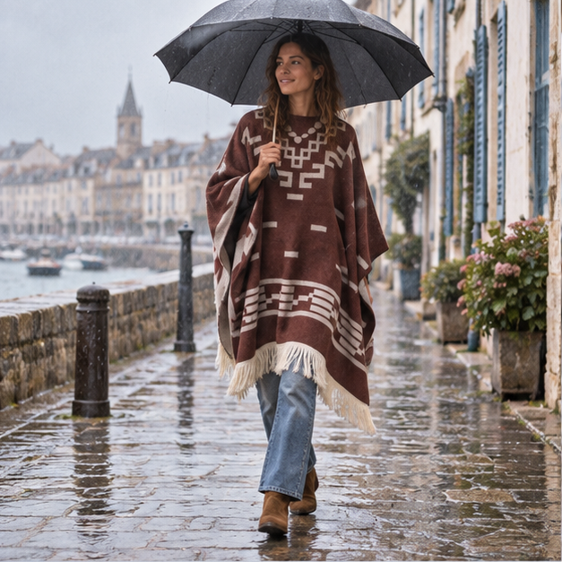 Poncho Cowboy – Marron / Adulte, en situation sur la côte Atlantique