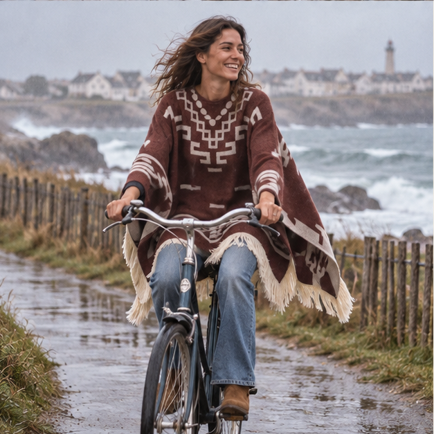 Poncho Cowboy – Marron / Adulte, porté en mouvement au bord de l’océan