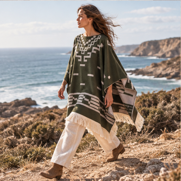 Poncho Cowboy – Kaki / Adulte, porté en mouvement au bord de l’océan