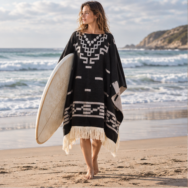 Poncho Cowboy – Noir / Adulte, en situation sur la côte Atlantique