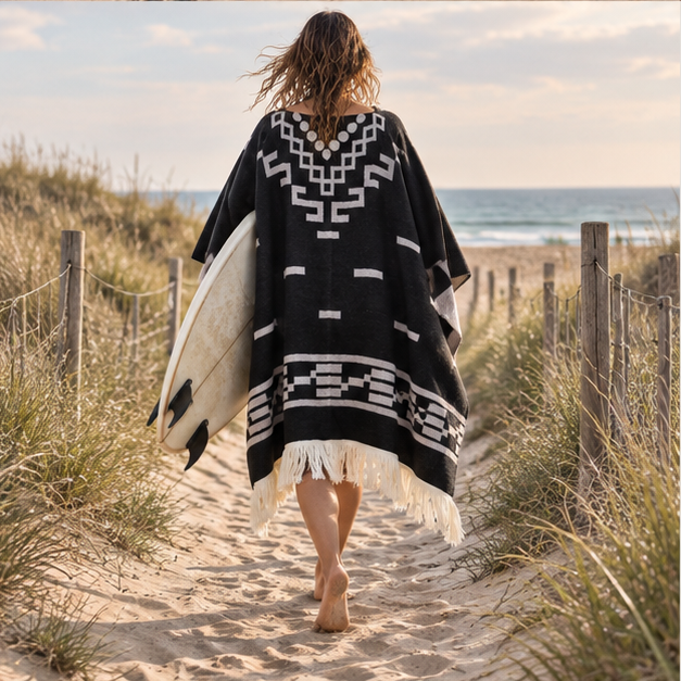 Poncho Cowboy – Noir / Adulte, porté en mouvement au bord de l’océan