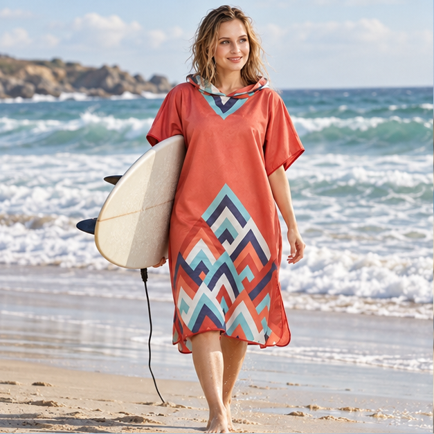 Poncho De Bain Rouge – Rouge / Adulte, en situation sur la côte Atlantique