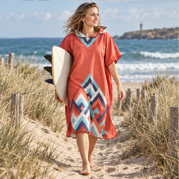 Poncho De Bain Rouge – Rouge / Adulte, porté en mouvement au bord de l’océan