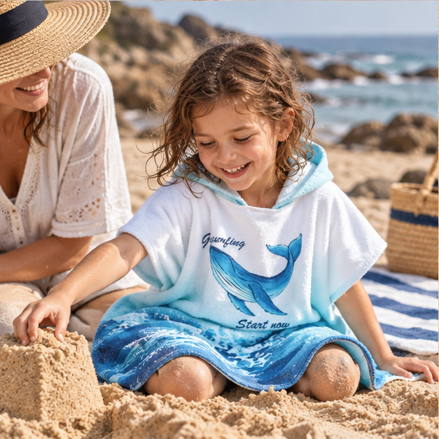 Poncho De Bain Baleine – Bleu / Adulte, porté en mouvement au bord de l’océan