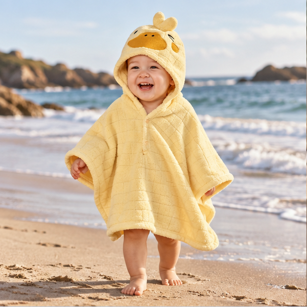 Poncho De Bain Canard – Jaune / Bébé, en situation sur la côte Atlantique