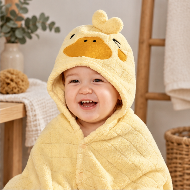 Poncho De Bain Canard – Jaune / Bébé, dans un intérieur côtier lumineux