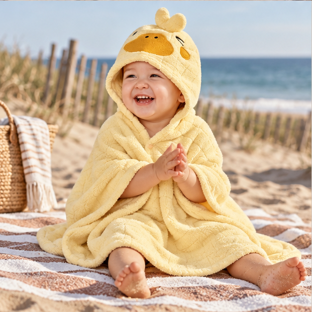 Poncho De Bain Canard – Jaune / Bébé, porté en mouvement au bord de l’océan