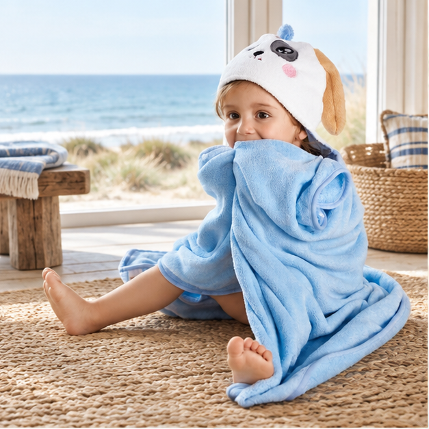 Poncho De Bain Chien Bleu – Bleu / Bébé, en situation sur la côte Atlantique