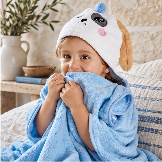 Poncho De Bain Chien Bleu – Bleu / Bébé, dans un intérieur côtier lumineux